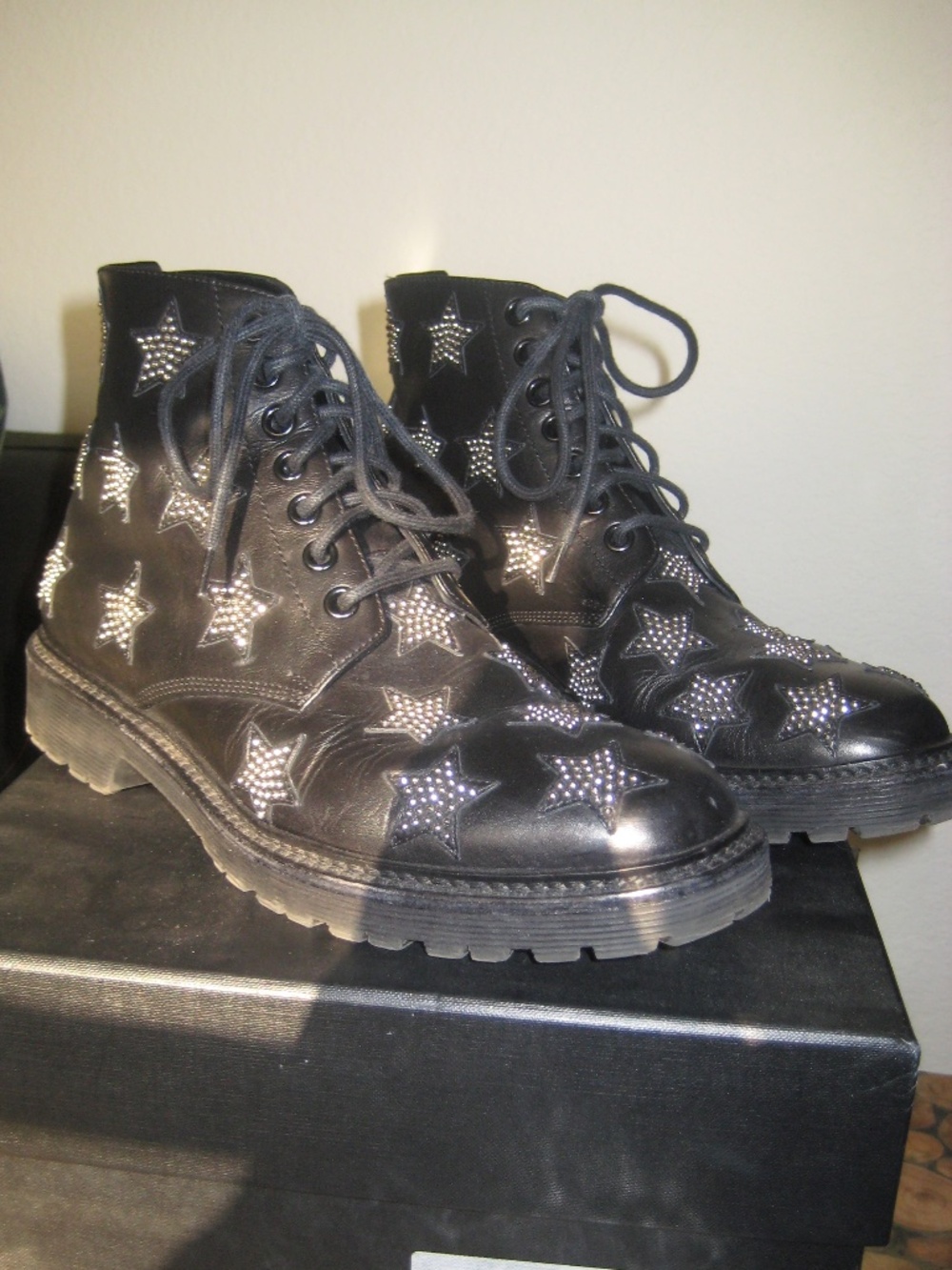 Saint Laurent Lace Up Star Rhinestone Boots Size 7